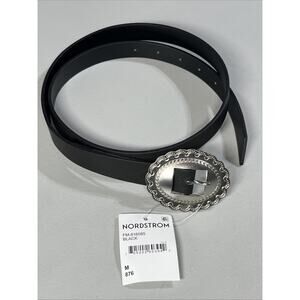 Linea Pelle Concho Buckle Belt Womens Medium Black Faux Leather Western Etched